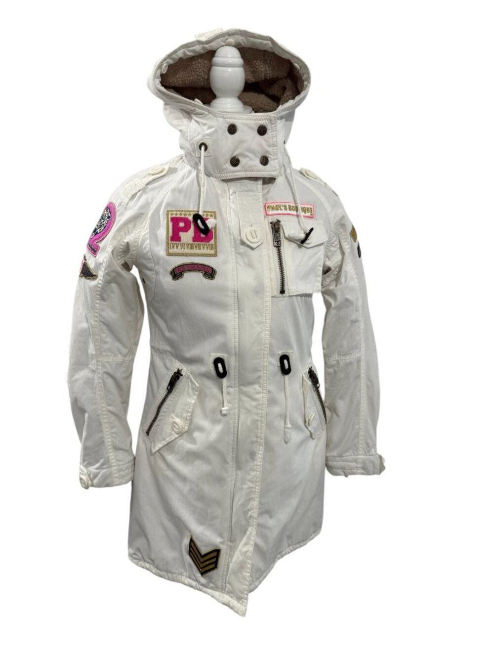 Paul's Boutique White Hooded Parka S Patch Skull Fleece Lined Y2K
